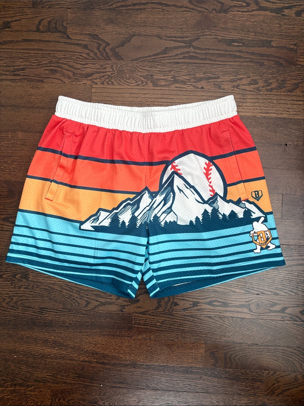 Men's Athletic Mountain Baseball Stripe Shorts in Red, Orange & Blue